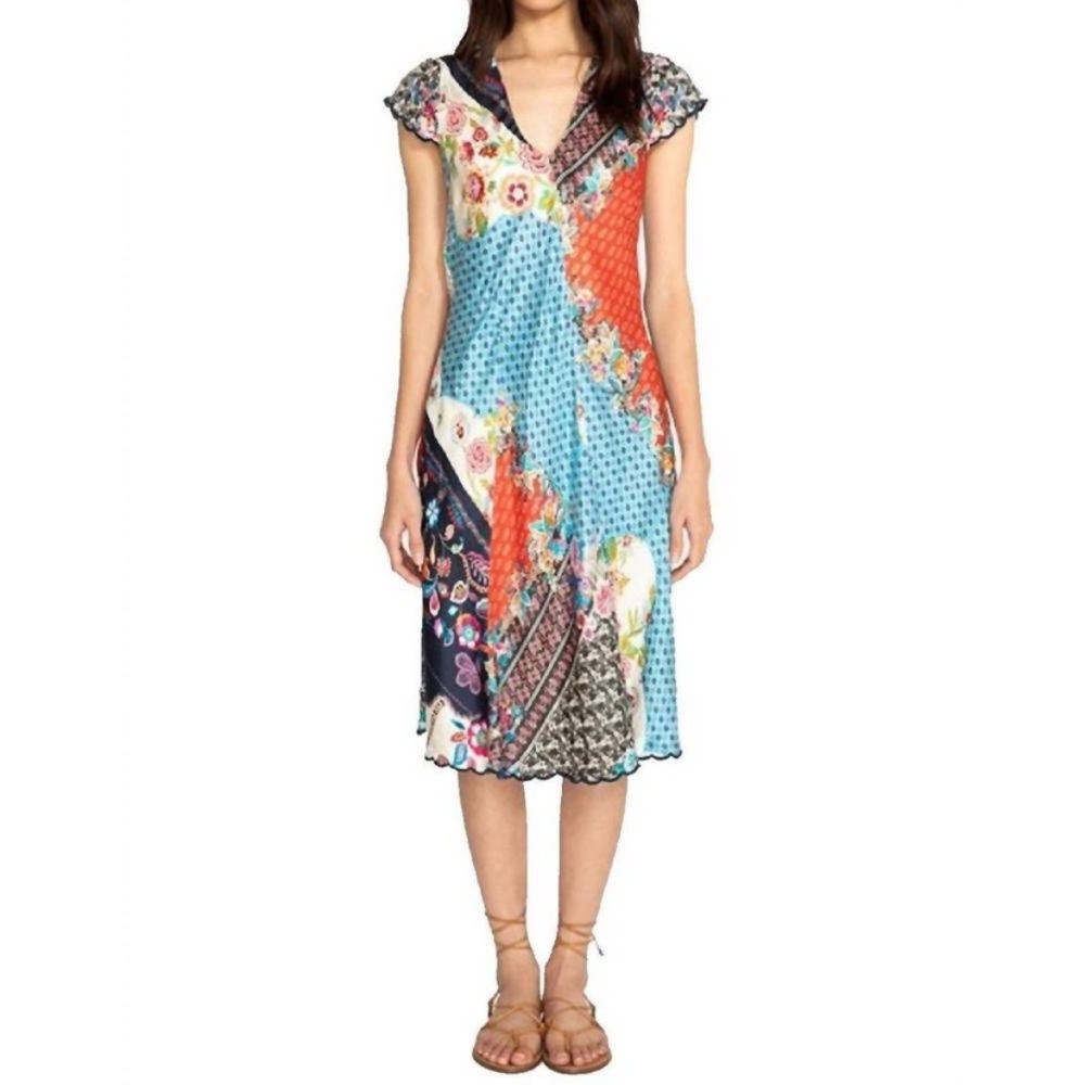Johnny Was Multi-Color Patchwork V-Neck Cap-Sleeve Silk Dress
